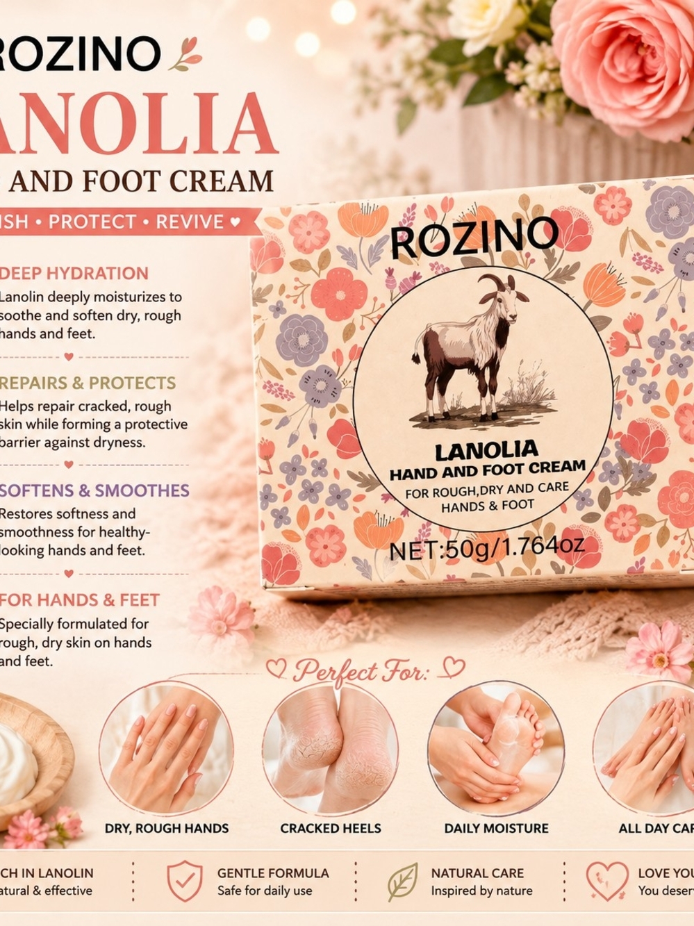 Rozino Lanolia Hand & Foot Cream - Pink Floral